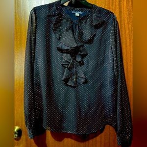 Tommy Hilfiger, black sheer blouse with red & white dots, medium